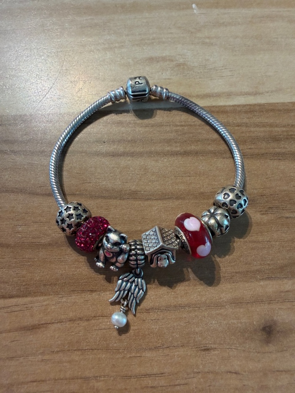 Pandora Silver Charm Bracelet with Red and Silver Accents and Heart Glass Bead